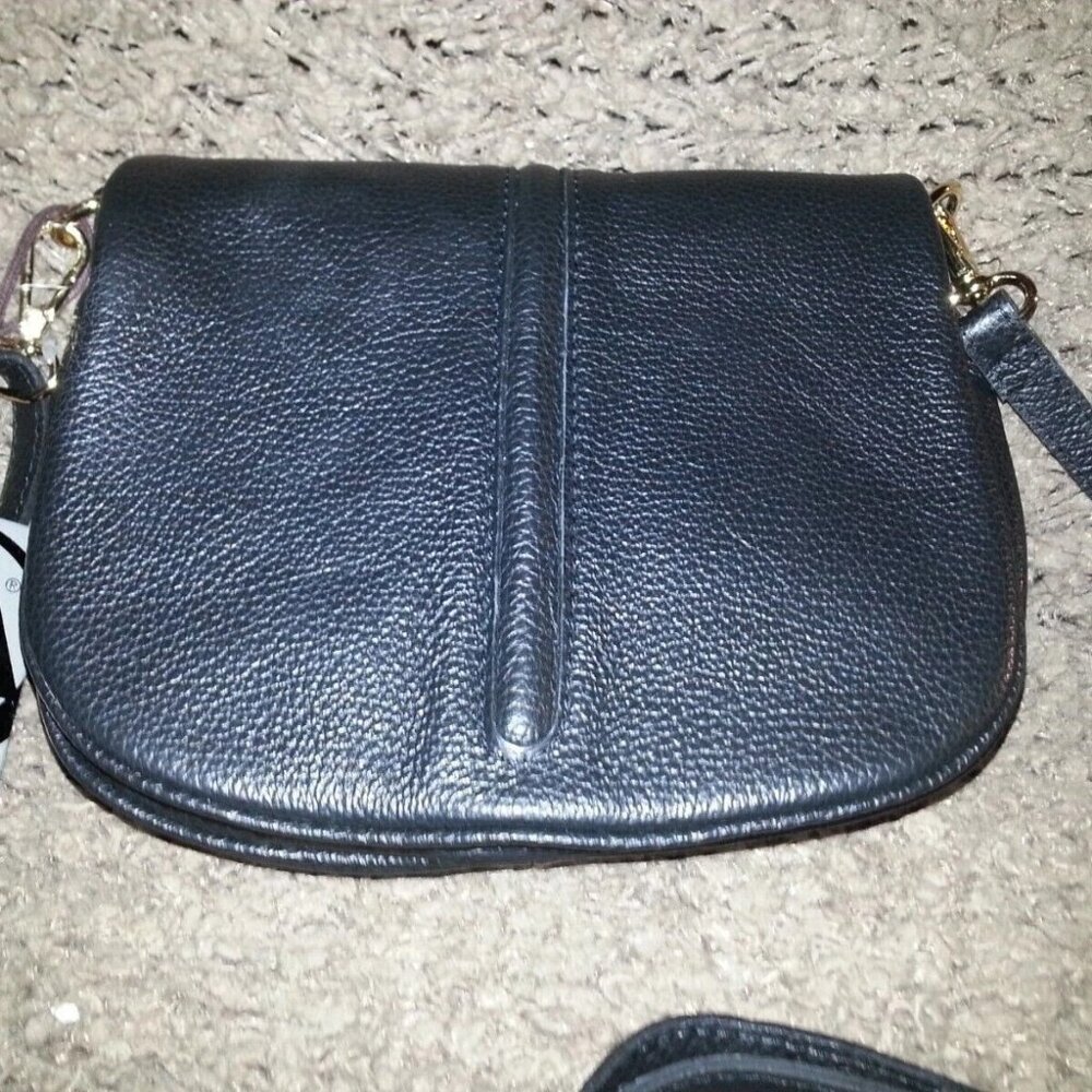 VALENTINA-Black Pebbled Leather Flap Bag/Front Stitching-NWT - Picture 2 of 7